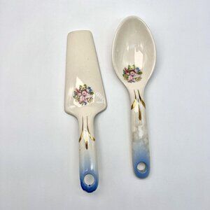 Vintage Ceramic Floral Cake Server & Spoon Set Gold Accent